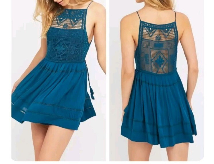 Free People Women&rsquo;s Emily Crochet Mini Dress XS Teal Boho Summer Beach Casual