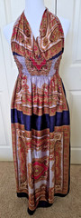 Vintage Red Blue Yellow 70s Hostess Long Silky Dress smocked bodice tie neckline