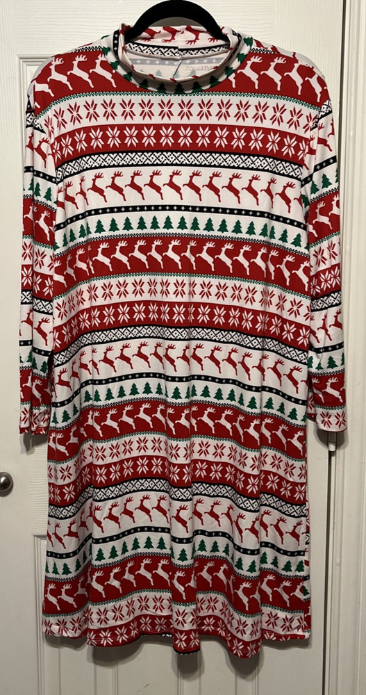 Jollidays Christmas Tree & Reindeers Stripe Mock Neck Dress Size XL NWT