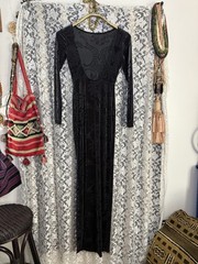 NWOT burnout velvet paisley stretch fabric high slit low back dark gray sheer