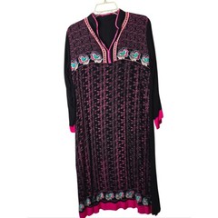 Indian Embroidered Kurta Dress Ethnic Boho Tunic Black Pink Floral Size Small
