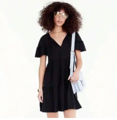 J. Crew Black Flutter Sleeve V-Neck Mini Sun Dress XS NWT 100% Cotton LBD