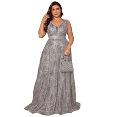 Plus Size Luxury Deep V neck Sequin Evening Dress Elegant V back Long Formal
