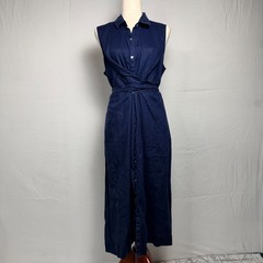 J.Jill Navy Blue 100% Linen Sleeveless Wrap Tie Waist Midi Shirt Dress