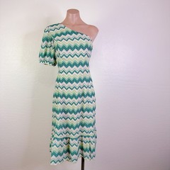 Collective Concepts Chevron One Shoulder Puff Sleeve Dress White Green M NWT