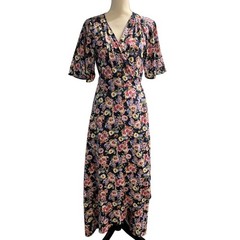 Bobeau Dress Blue Pink Floral Satin Wrap Maxi Womens M Easter Wedding Guest