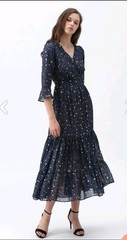 Chicwish Womens XL Blue Gold Star Constellation Tiered Celestial Maxi Dress Boho