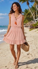Cabana Life Women&rsquo;s S Orange/White Geometric V-Neck Smocked Mini Sundress