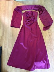 Night Way Collections Burgundy Satin Strapless Beaded Long Gown w/ Jacket Size 6