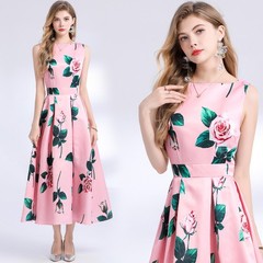 Spring Summer Fall Floral Print Crew Neck Sleeveless Women Casual Party Dresses