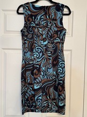 Blue & Brown Swirl Paisley Sleeveless Dress with Rhinestone Neckline, Size 8P