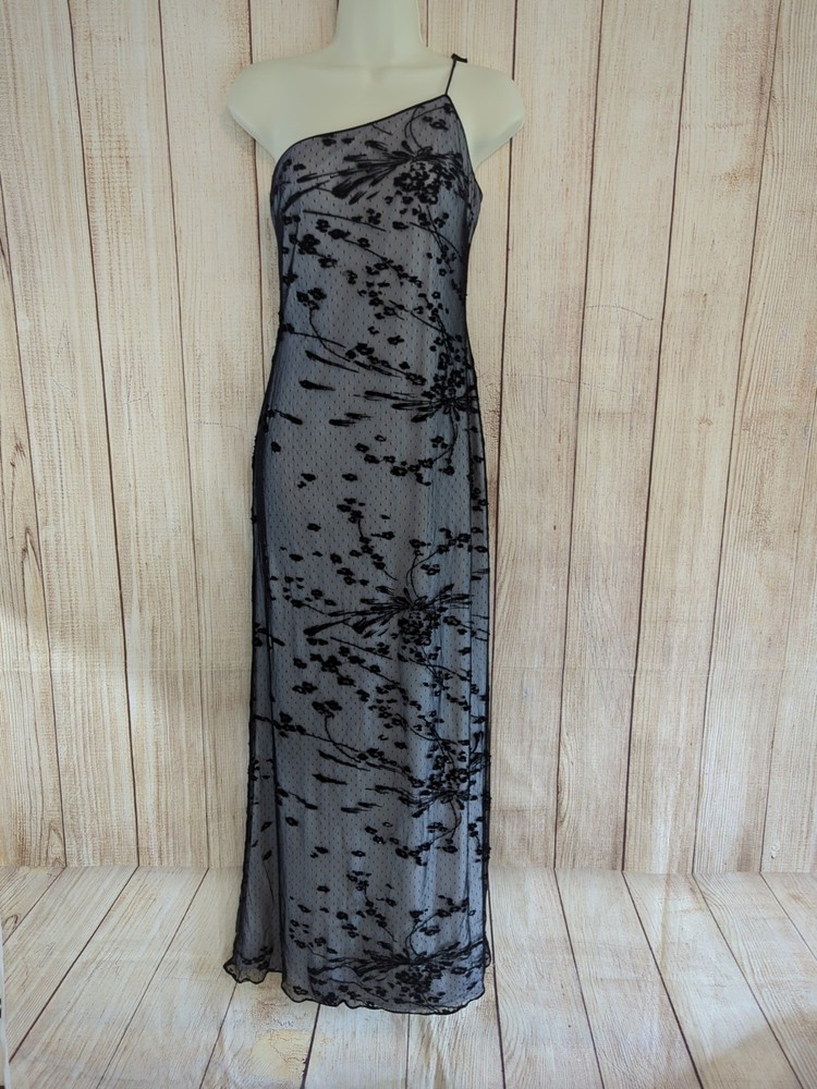 VintageRimini Sequins Floral Black Sheer Overlay Gown / Day Maxi Dress 6