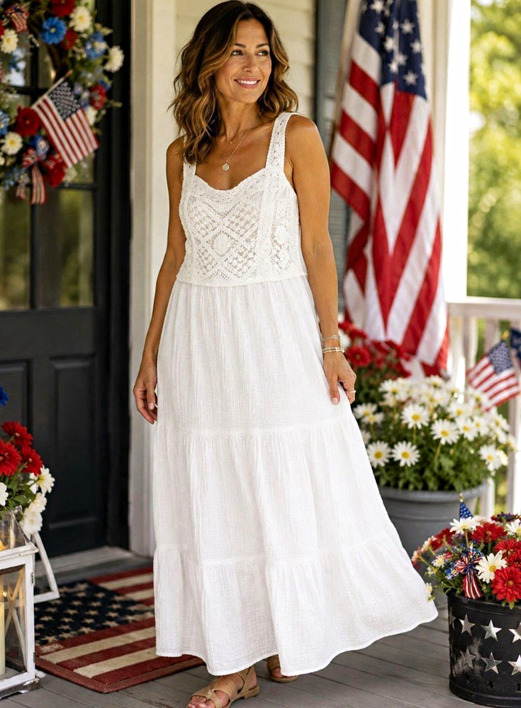 LC Lauren Conrad White Solid Crochet Bodice Maxi Sundress, Strappy Sleeveless, M