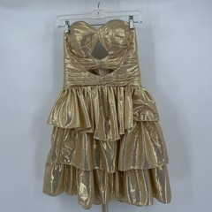 Womens Glam Gold Party Dress Sz 8 Strapless Ruffle Tiered Cutout Bodice Metallic