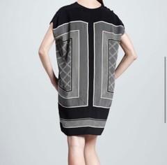 VINCE Black Beige Scarf Print Split Neck 100% Silk Tunic Mini Shift Dress M 8/10