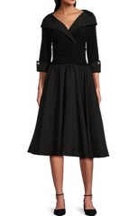 Black Tea Length Fit Flare Dress Ruched Waist Portrait Collar Noir Elegance 6