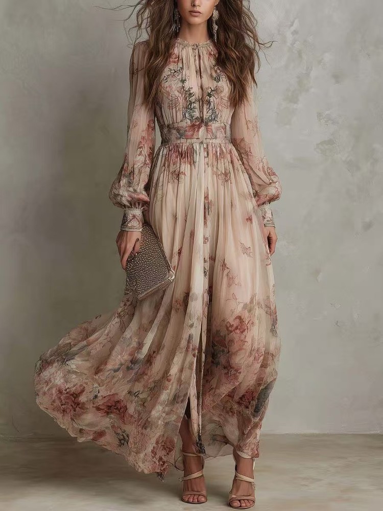 Retro Chiffon Printed Crew-Neck Long-Sleeve Pleated Waist Floral Dress++-