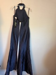 Alfred Sung High-Neck Halter Open-Back Satin Trumpet Dress In Midnight Navy Sz 8