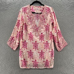Barbara Gerwit Dress Womens Small White Pink V-Neck Turtles 3/4 Sleeve Sheer *