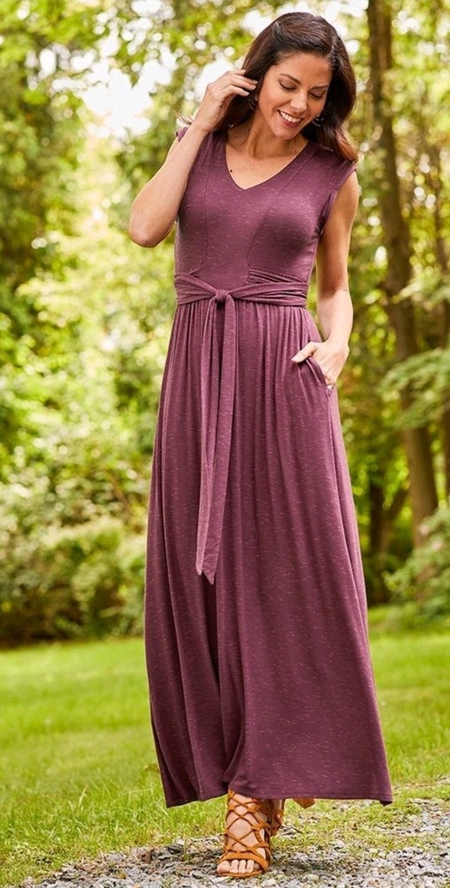 Matilda Jane Purple Solid V-Neck Sleeveless Maxi Dress Tie Waist Pockets M-1