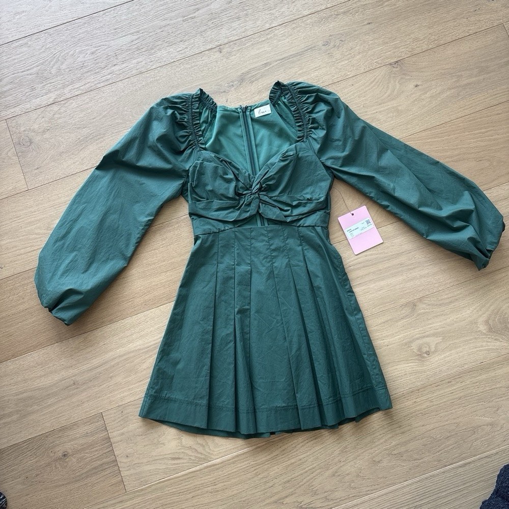 SS3 NWT Green mini dress with long sleeves and pleated skirt size small