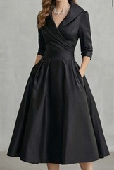Naples Boutique Élodianne Black Satin FormalShawl Collar Midi Dress Pockets Sz L