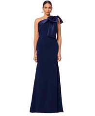 Betsy and Adam Navy Blue Bow One-Shoulder Crepe Mermaid Gown Size 10 $269