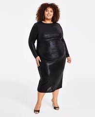 Nina Parker Trendy Plus Size Metallic Ruched Dress Women&rsquo;s 2X Black Back Button