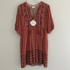 Knox Rose Dress Women Medium Rust Red Boho Floral V-Neck Short Sleeve Tassel New