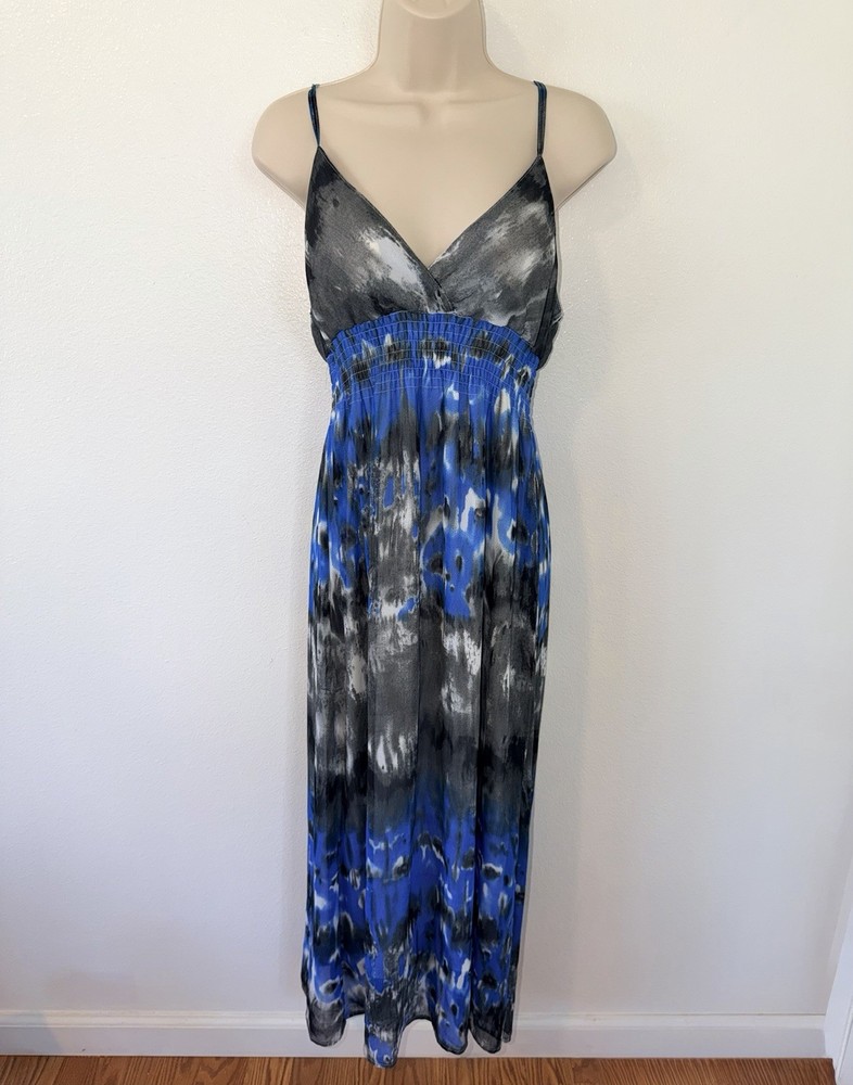 She&rsquo;s Cool Women’s Large Blue Gray Abstract Tie Dye Maxi Dress Spaghetti Strap