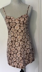 RSQ XS Brown White Daisy Floral Satin Sweetheart Tie Back Mini Slip Dress