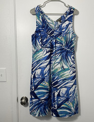 Tommy Bahama Blue White Green Tropical Floral Linen V-Neck Dress Size 8
