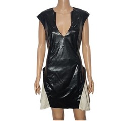 MICAS Solid Pu Patchwork Ruched Zipper Mini Dress Black/Cream Size XL NWT