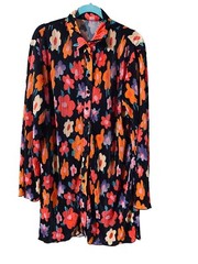 Black Flower Button Up Shirt Dress LARGE w/belt Hippie Flower Child