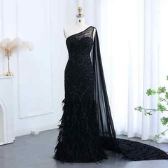 Feather One Shoulder Mermaid Evening Dress with Cape Prom Wedding Party Gowns