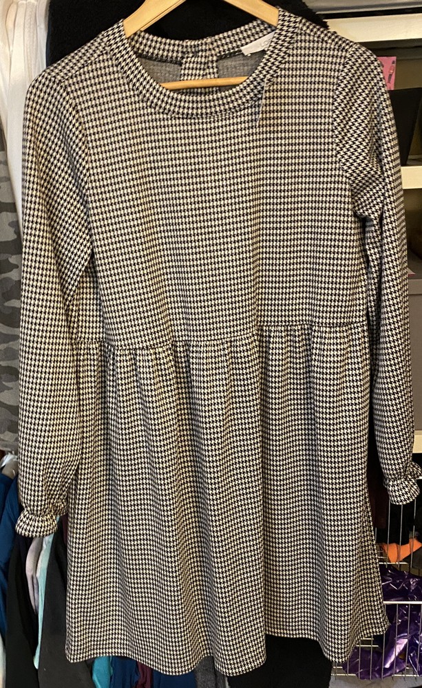 LOFT Black Cream Herringbone Mock Collar Long Sleeved Dress Size M NWT