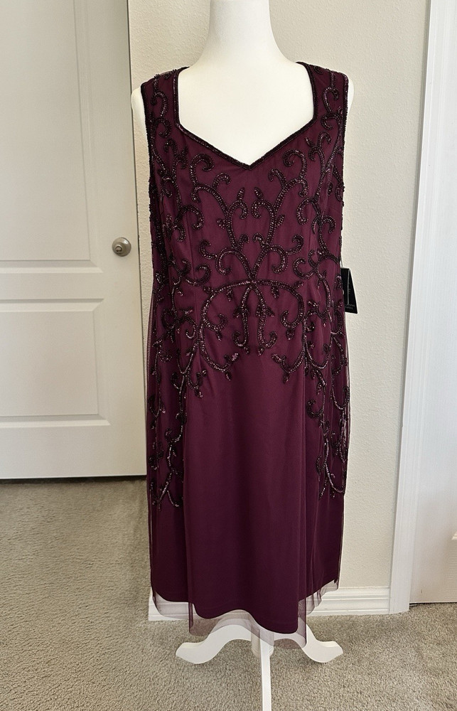 Adrianna Papell Purple Square Neck Sleeveless Sheath Dress Beaded Sequin 8
