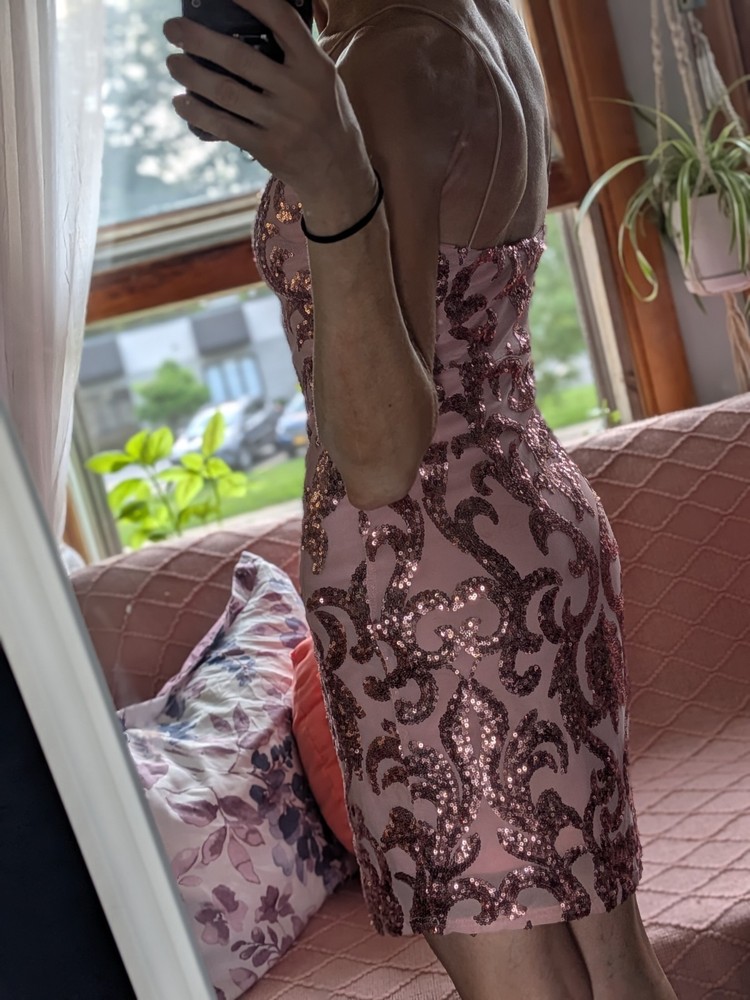 Josuuin Womens S Pink Solid Sequin Mesh V-Neck Strappy Bodycon Mini Dress Zip