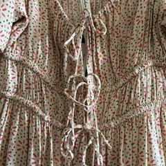 Mahina Beige Floral Cotton Mini Dress Flutter Sleeves Drawstring Size L