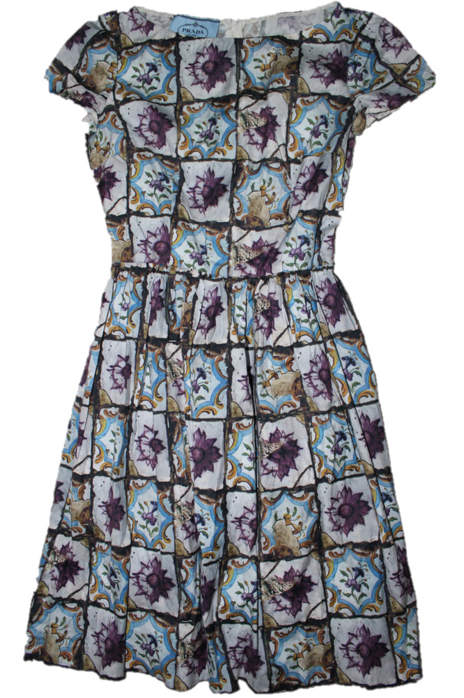 Prada Flower Art Design Short Sleeve Dress Blue Purple Women Rare 38 EUC~