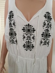 Old Navy White Sleeveless Midi Dress with Black Embroidered Motifs