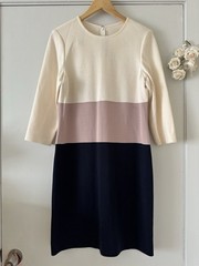 St. John Knits Colorblock Knee Length Sheath Dress Ivory/Lilac/Navy Womens 14