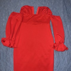 Red Off Shoulder Satin Bodycon Midi Dress Long Bell Sleeve Ruffle Cuff S