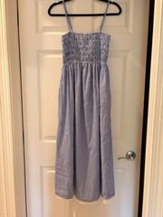 Sugar Lips Blue White Striped Smocked Lined Midi Dress Strappy Square Neck S
