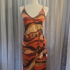 Womens Orange Brown Abstract Print Strappy V-Neck Adjustable Tie Waist Dress M