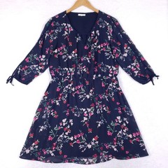 Maurices Womens XL Navy Blue Floral Chiffon Dress 3/4 Tie Sleeve Elastic Waist