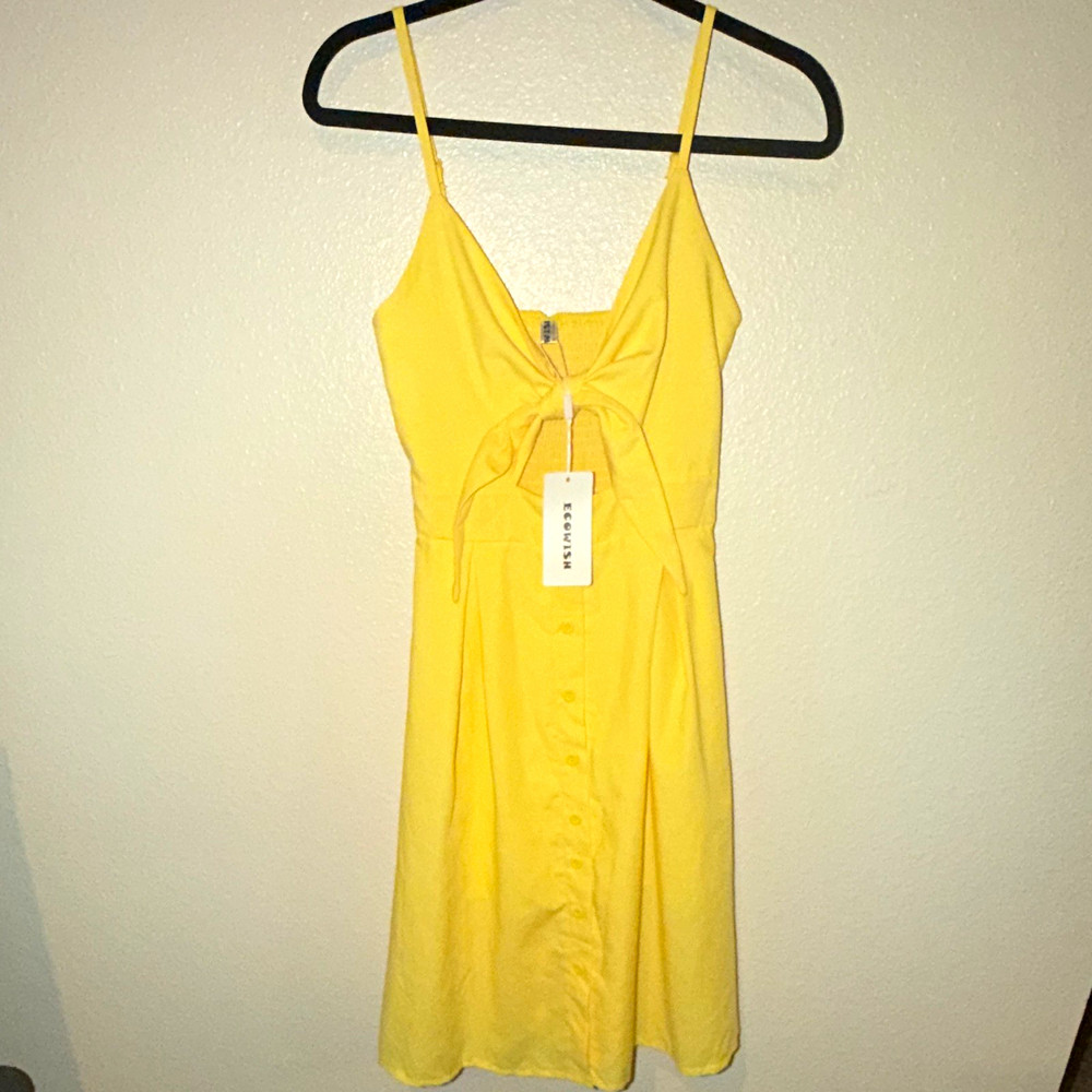 ECOWISH Yellow Solid V-Neck Spaghetti Strap Button Front Tie Knee Dress S