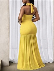 Yellow Halter Ruched Stretch Backless Maxi Bodycon Dress Sleeveless M