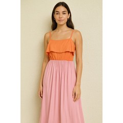 Koko + Mason Orange Pink Colorblock Maxi Dress Sleeveless Casual Summer Sundress
