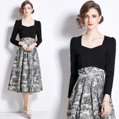 Jacquard Patchwork Sweetheart Neck Long Sleeve Women Casual Party Midi Dresses